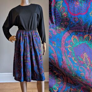 Vintage 80s Leslie Fay Midi Dress Paisley Secretary Librarian Pockets Size 8P
